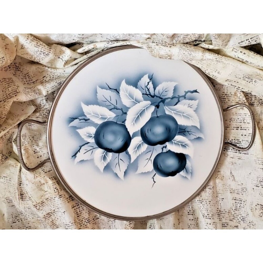 Vintage Serving Tray w/ Handles - White and Blue Fruit (Apples? Plums?) Elegant